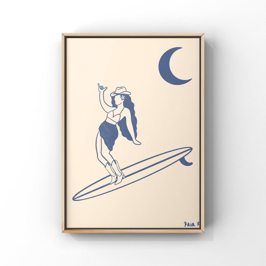 Moon Surfer Cowgirl Art Print