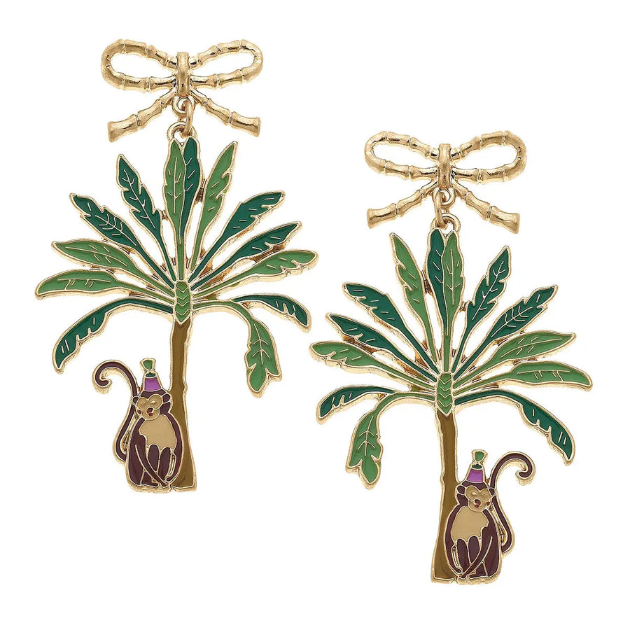 Henley Enamel Monkey with Palm Tree Earrings in Green & Brown