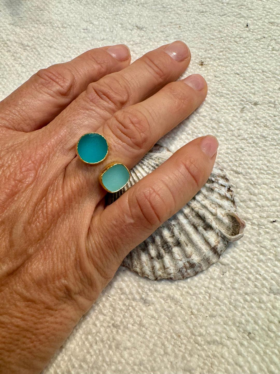 Double Glass Ring - Aqua, Light Aqua - Vermeil