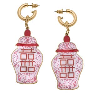 Camille Enamel Double Happiness Temple Jar Earrings in Pink