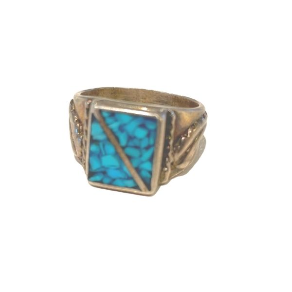 Vintage Navajo/Sterling Silver, crushed Turquoise Inlay Ring. size 9.5