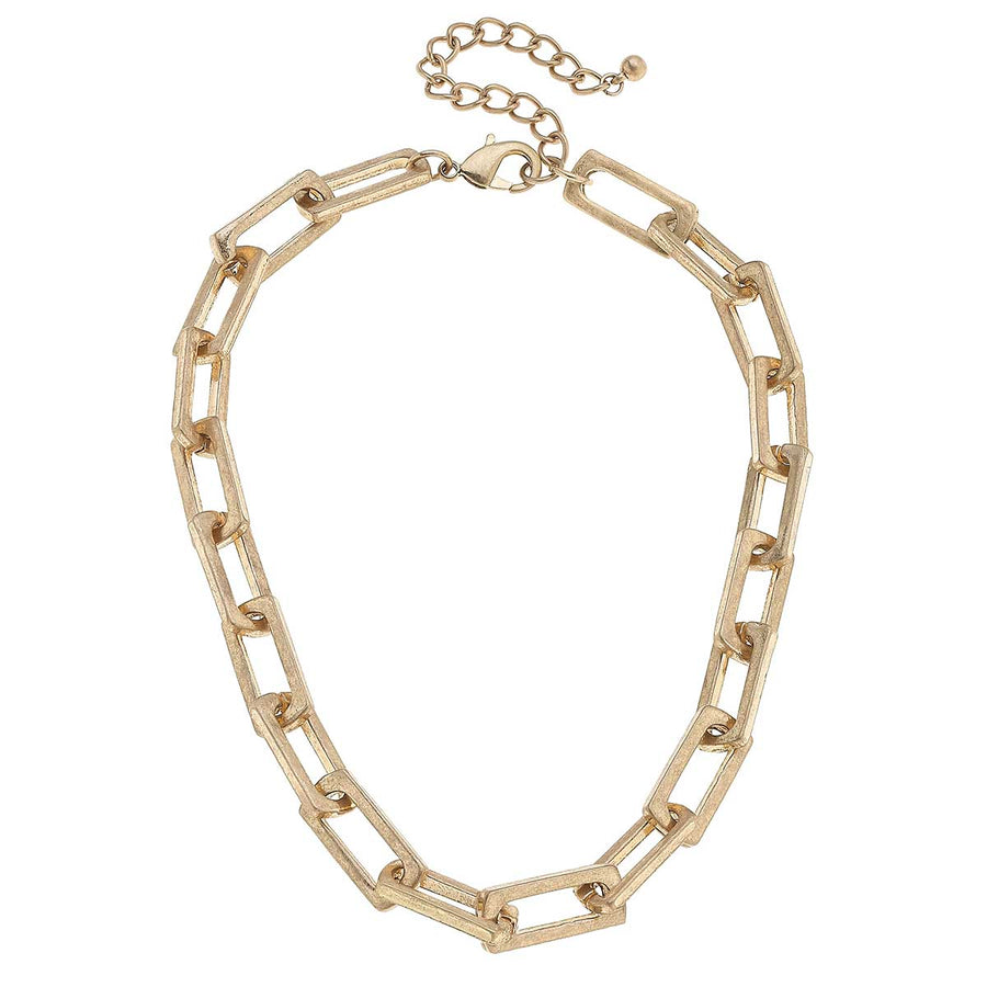 Lennox Chunky Rectangle Chain Link Necklace in Worn Gold
