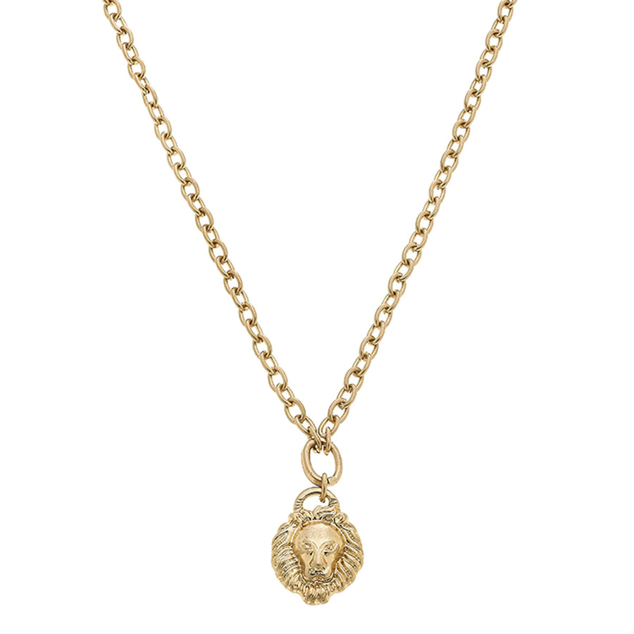 Parker Lion's Head Charm Necklace in Worn Gold