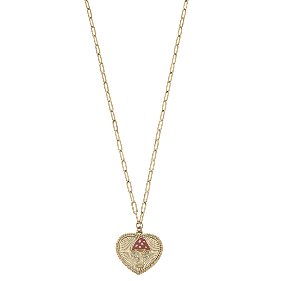 Aubrey Mushroom Heart Charm Necklace in Worn Gold