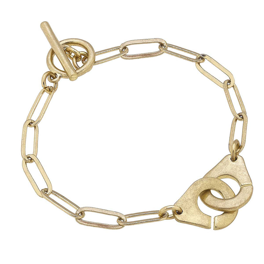 Londyn Handcuff Paperclip Chain T-Bar Bracelet in Worn Gold