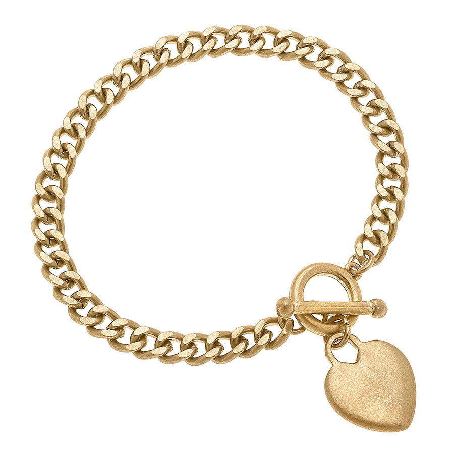 Samantha Heart Curb Chain T-Bar Bracelet in Worn Gold