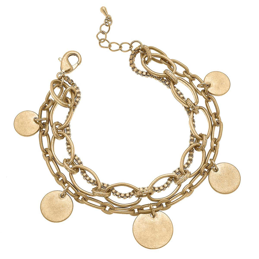 Phoebe Layered Chain Disc Charm Bracelet in Worn Gold