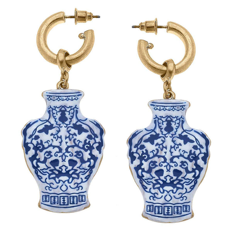 Ellen Enamel Chinoiserie Temple Jar Earrings in Blue & White