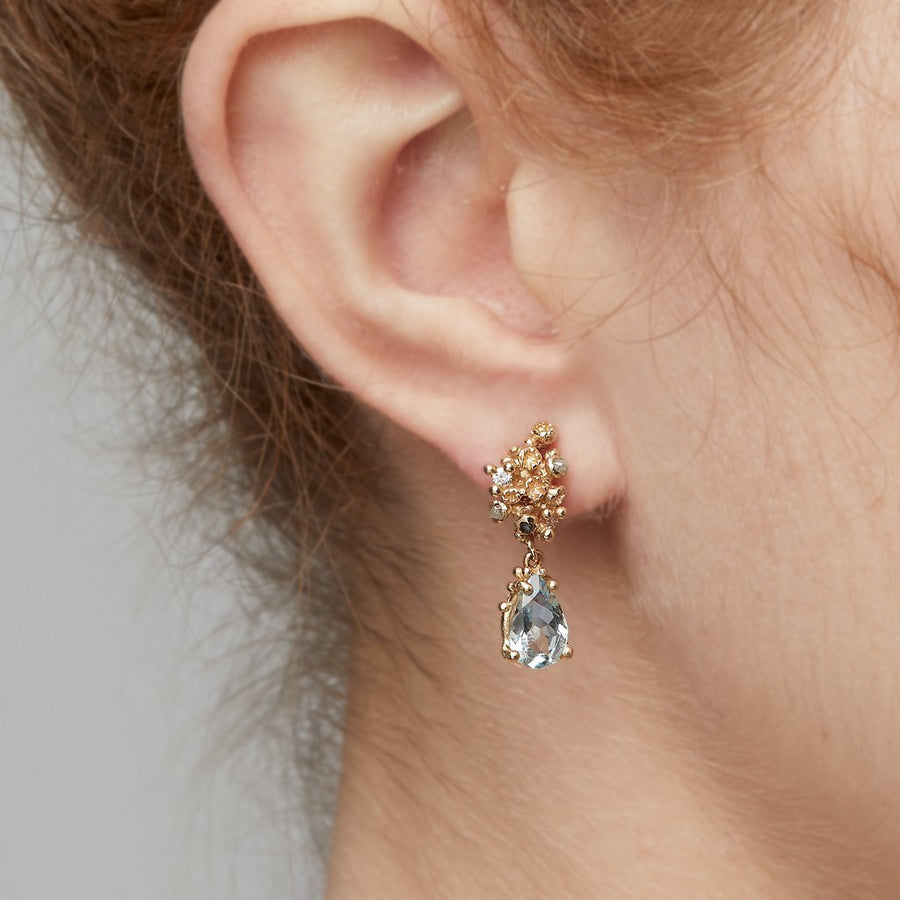 Aquamarine Drop Earrings with Grey Diamonds and Barnacles
