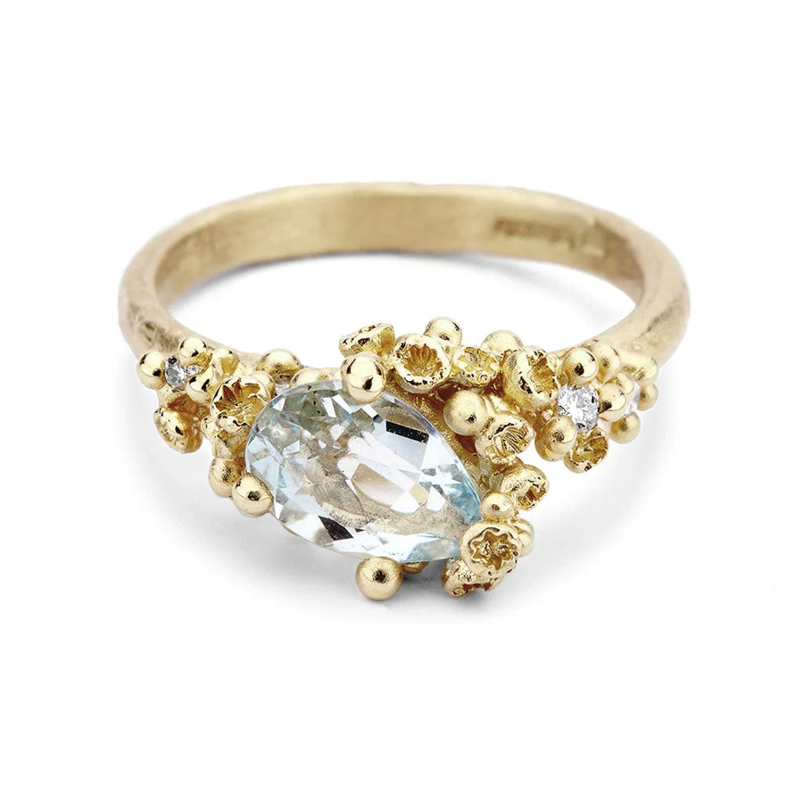 Asymmetric Aquamarine Ring with Diamonds and Barnacles