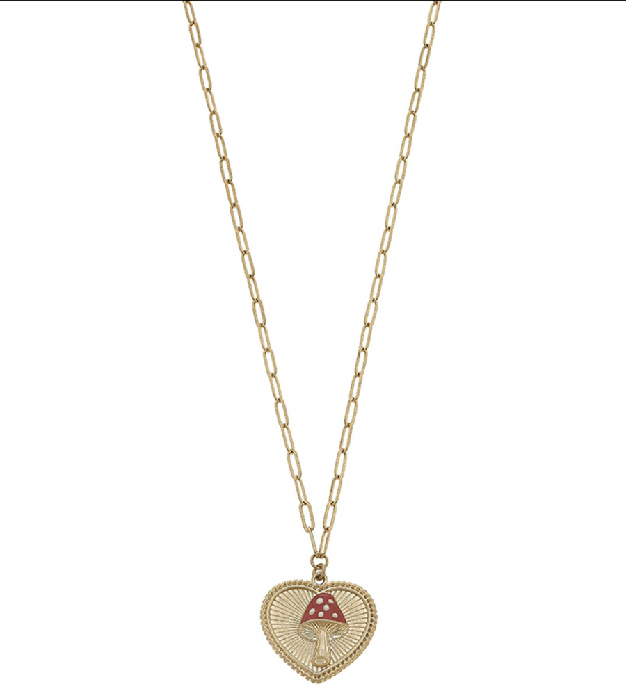 Aubrey Mushroom Heart Charm Necklace in Worn Gold