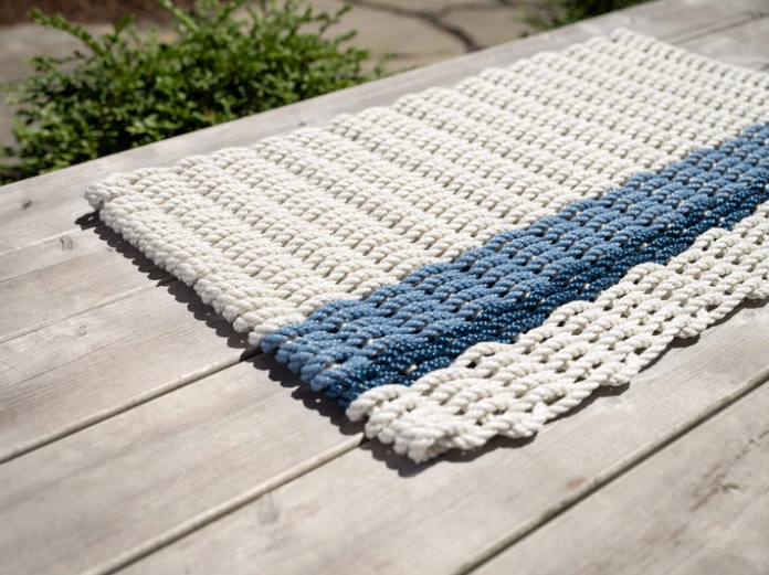 Oyster with Glacier Bay + Navy Stripe Doormat - X Large (24" x 38")