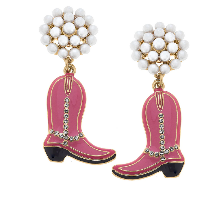 Cowboy Boot Enamel Drop Earrings in Pink