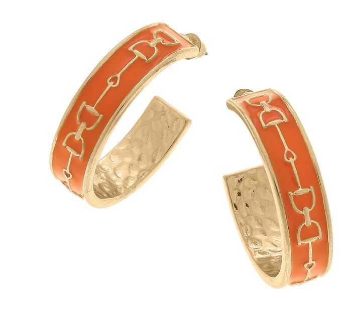 Giselle Enamel Horsebit Hoop Earrings in Orange