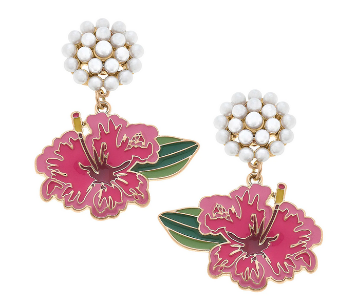 Hibiscus Enamel Pearl Cluster Earrings in Pink