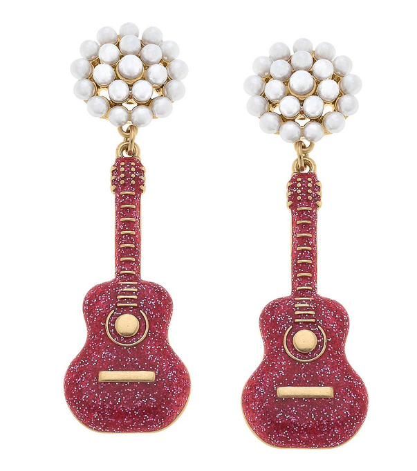 Nashville Guitar Pearl Cluster Enamel Earrings in Pink
