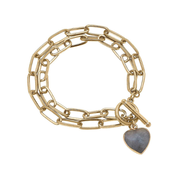 Calista Heart & Layered Chain T-Bar Bracelet in Grey Jasper