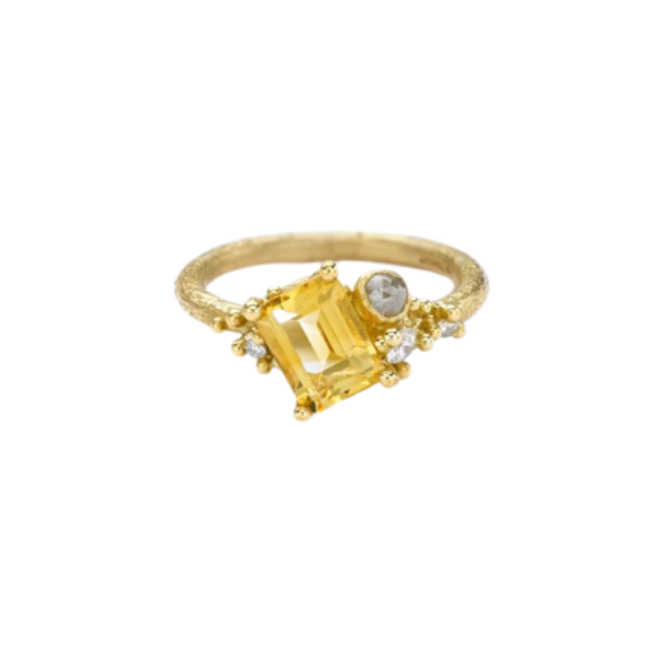 Emerald Cut Citrine and Diamond Cluster Ring