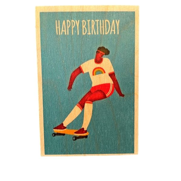 Happy Birthday Rainbow Skater Wooden Postcard