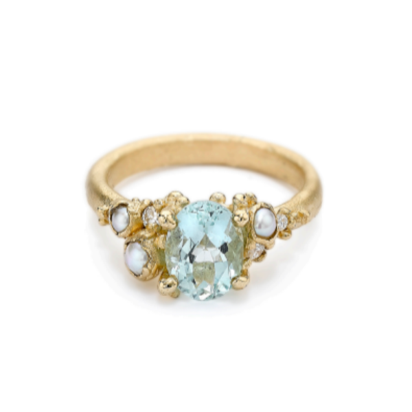 Aquamarine and Pearl Cluster Ring