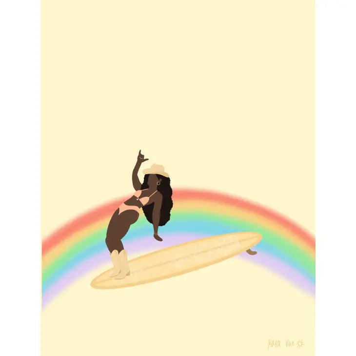 Hang Ten Rainbow Surfing Cowgirl Art Print