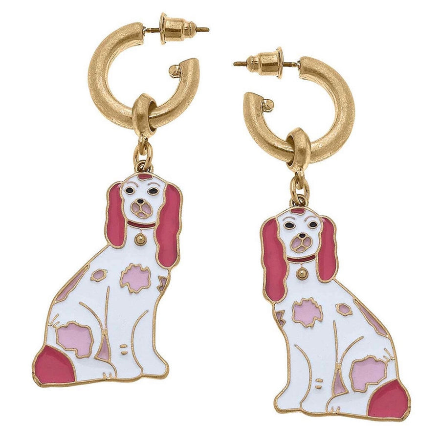 Daphne Enamel Staffordshire Dog Earrings in Pink & White